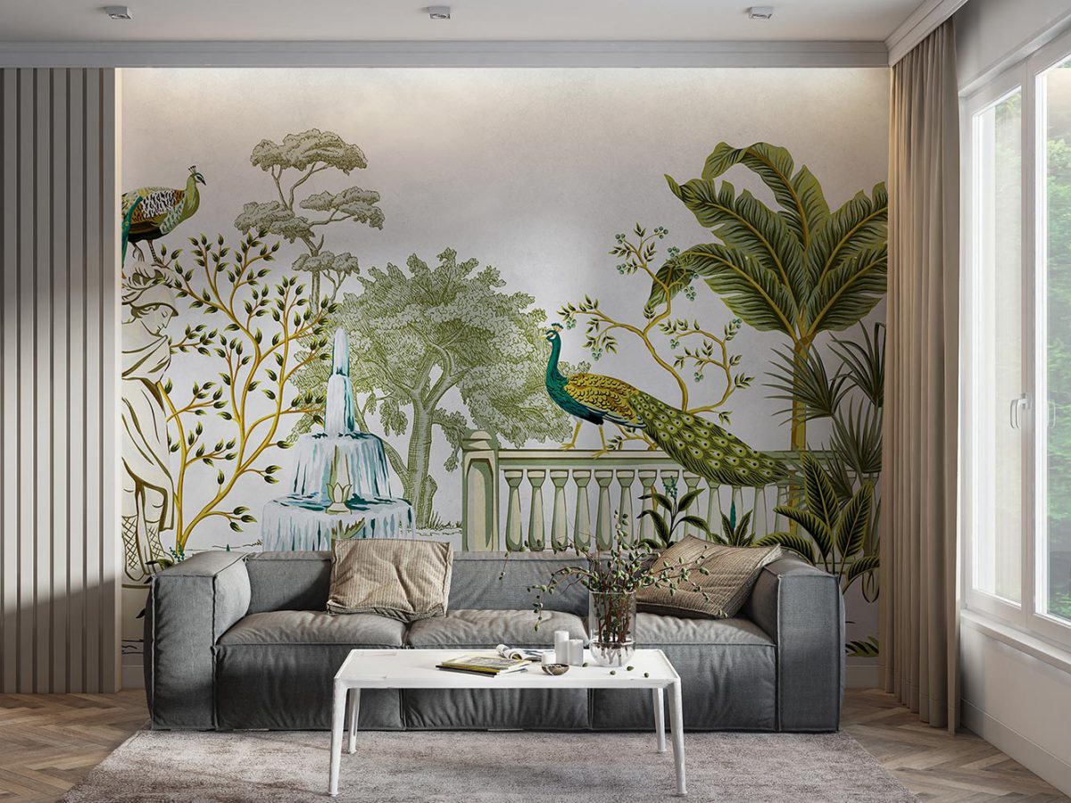 پوستر دیواری پذیرایی طاووس و باغ W10160600