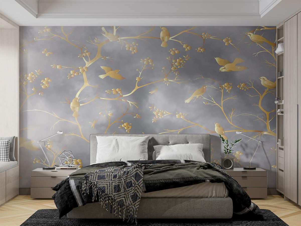 کاغذ دیواری طلایی لاکچری پرنده و شاخه W10161000 مناسب اتاق خواب