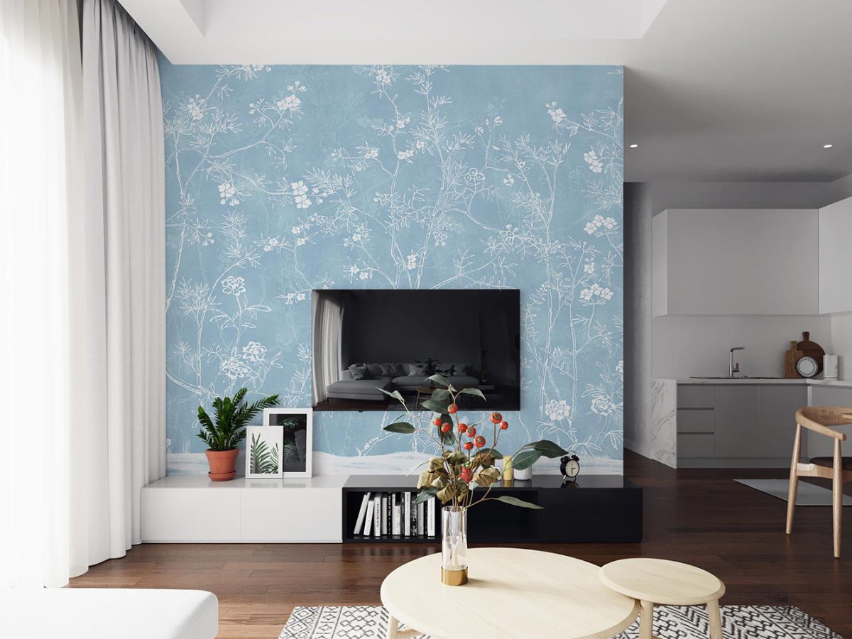 کاغذ دیواری آبی طرح گل و شاخه W10165800 برای پشت تلویزیون