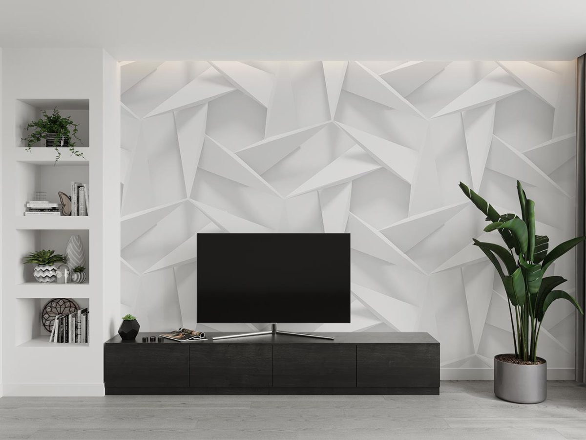 کاغذ دیواری سه بعدی پشت تلویزیون هندسی مدرن سفید W10169000