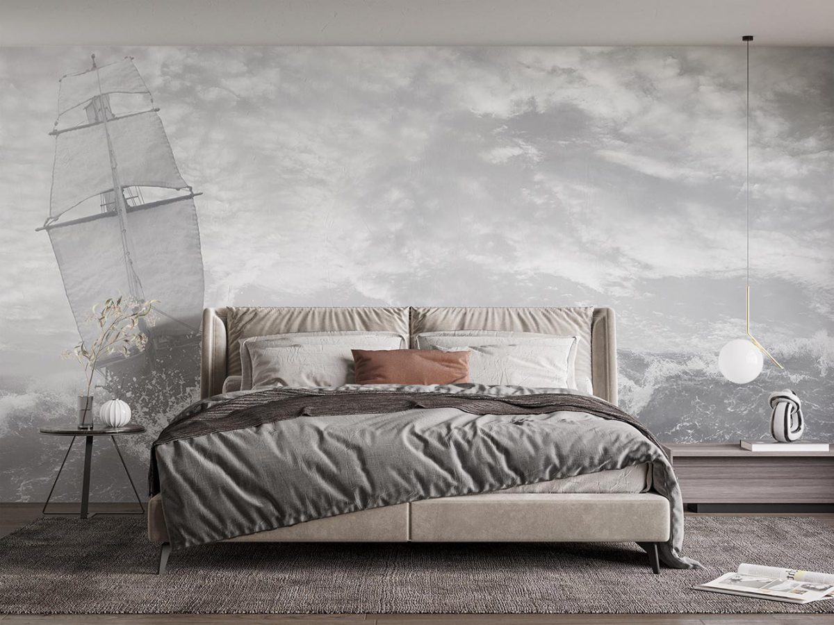 پوستر دیواری اتاق خواب سیاه و سفید طرح قایق و دریا W10169700