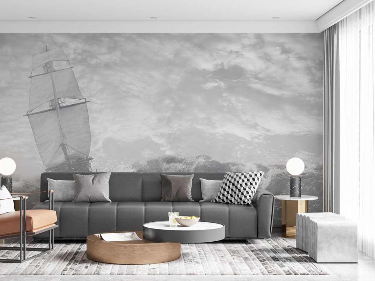 پوستر دیواری سیاه و سفید طرح قایق و دریا W10169700