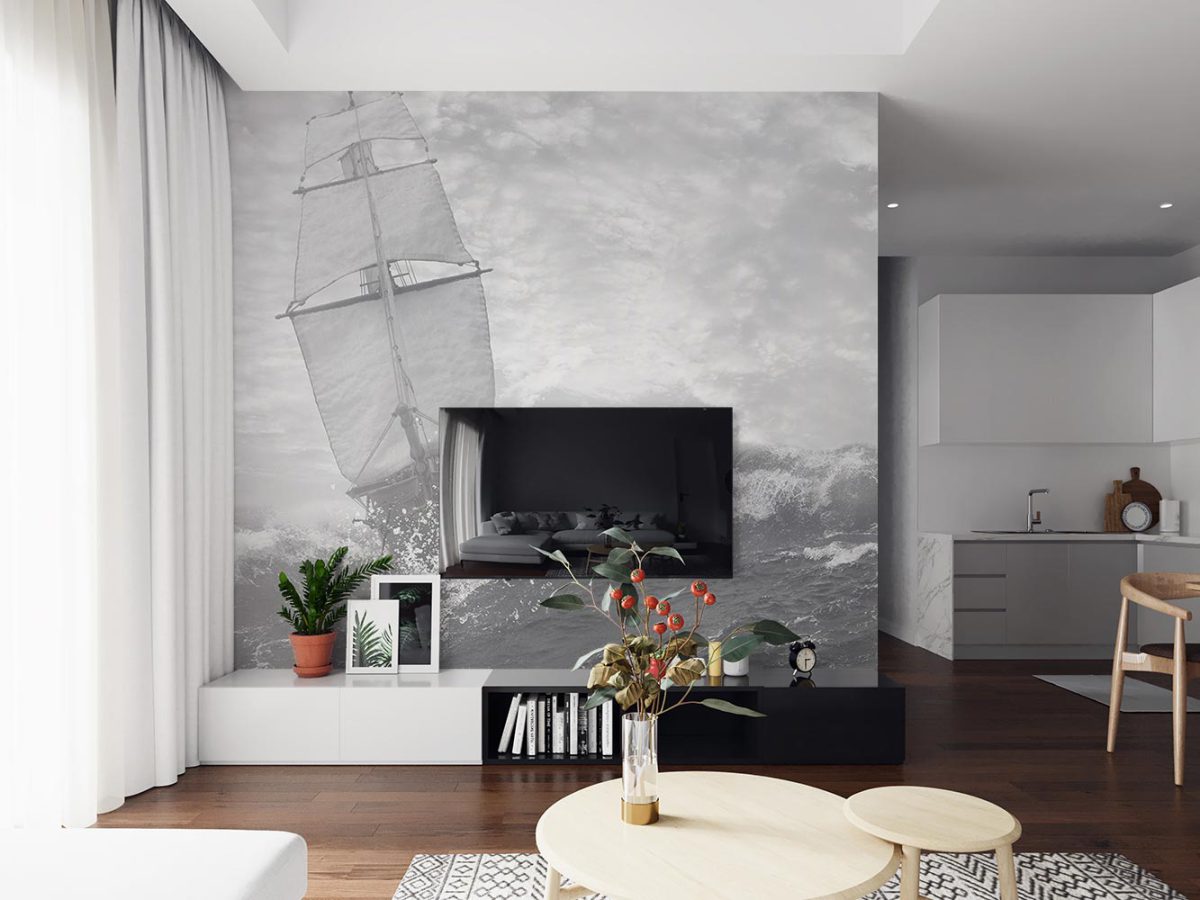 پوستر دیواری پشت تلویزیون سیاه و سفید طرح قایق و دریا W10169700