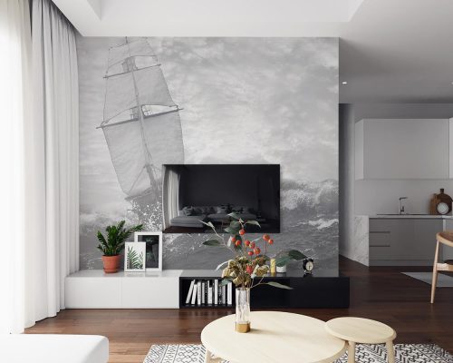 پوستر دیواری سیاه و سفید طرح قایق و دریا W10169700
