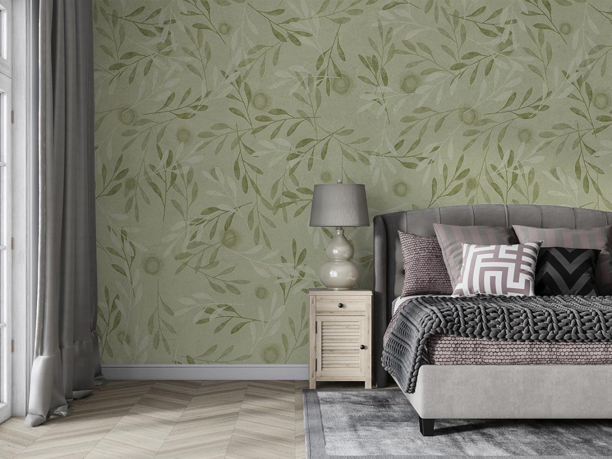 کاغذ دیواری سبز طرح برگ ریز W10170700 مناسب اتاق خواب
