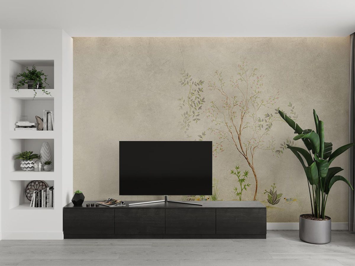 کاغذ دیواری پشت تلویزیون طرح شاخه و برگ W10173800