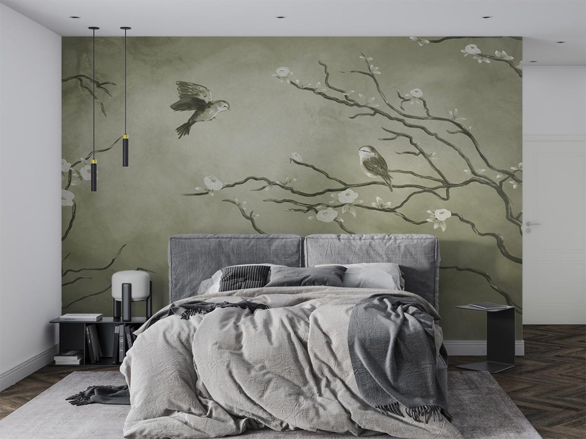 کاغذ دیواری اتاق خواب طرح شاخه و پرنده W10175800