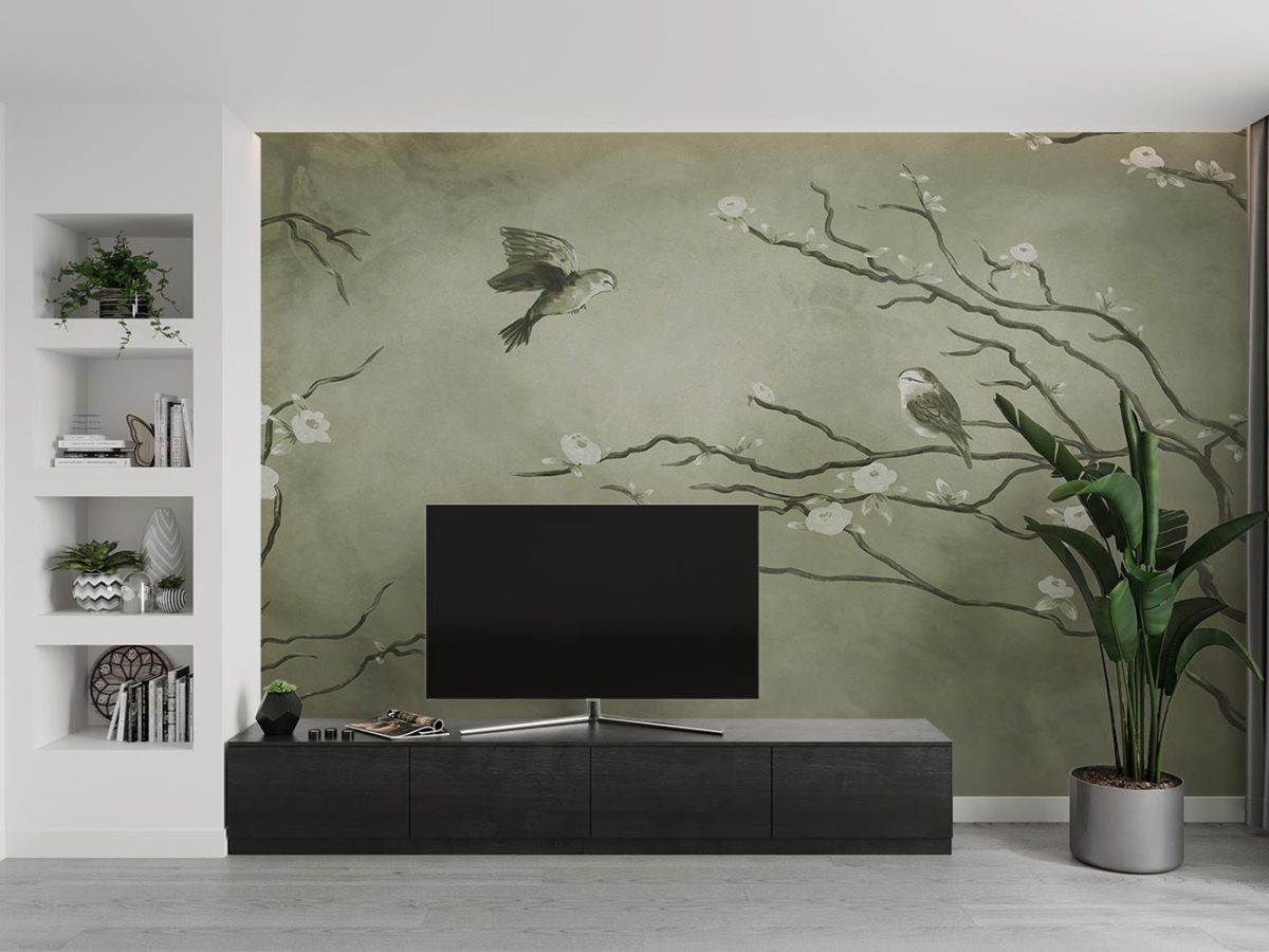 کاغذ دیواری پشت تلویزیون طرح شاخه و پرنده W10175800