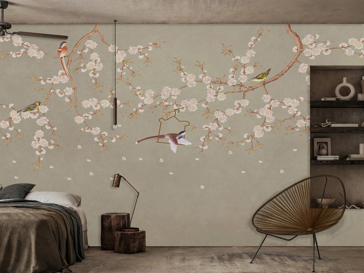 کاغذ دیواری اتاق خواب طرح شکوفه و پرنده W10177500