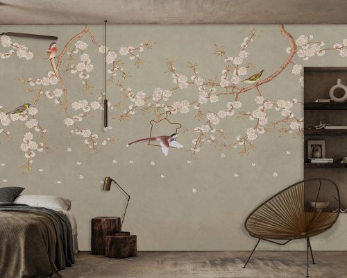 کاغذ دیواری طرح شکوفه و پرنده W10177500