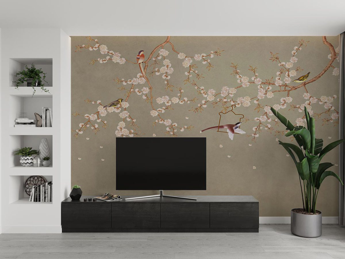 کاغذ دیواری پشت تلویزیون طرح شکوفه و پرنده W10177500