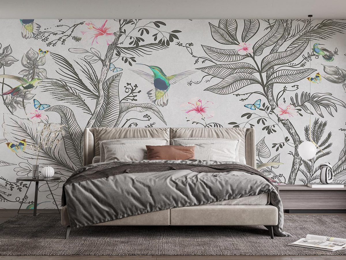 کاغذ دیواری اتاق خواب طرح برگ و پرنده W10178300
