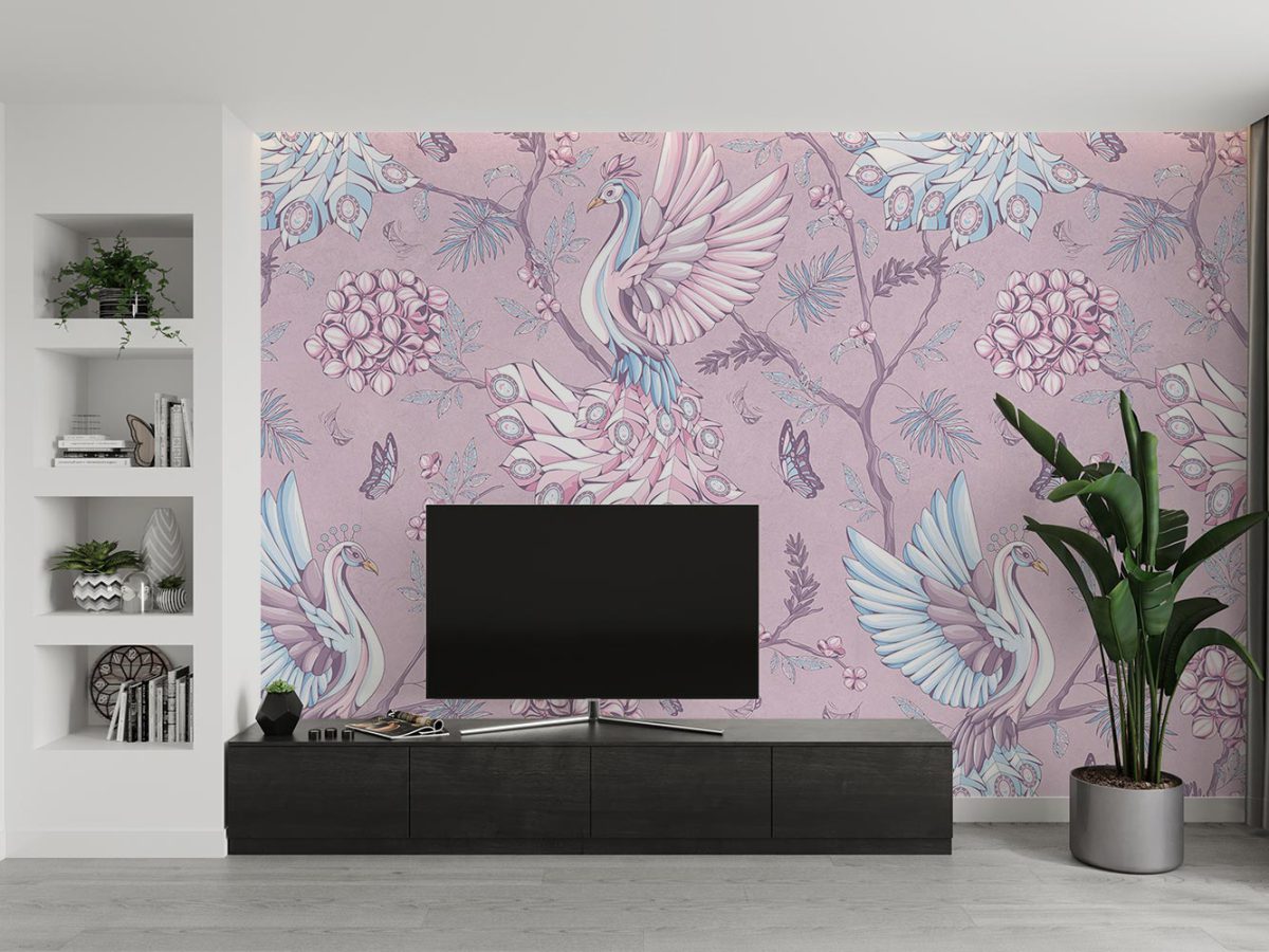 کاغذ دیواری پشت تلویزیون طرح پرنده و گل W10181100
