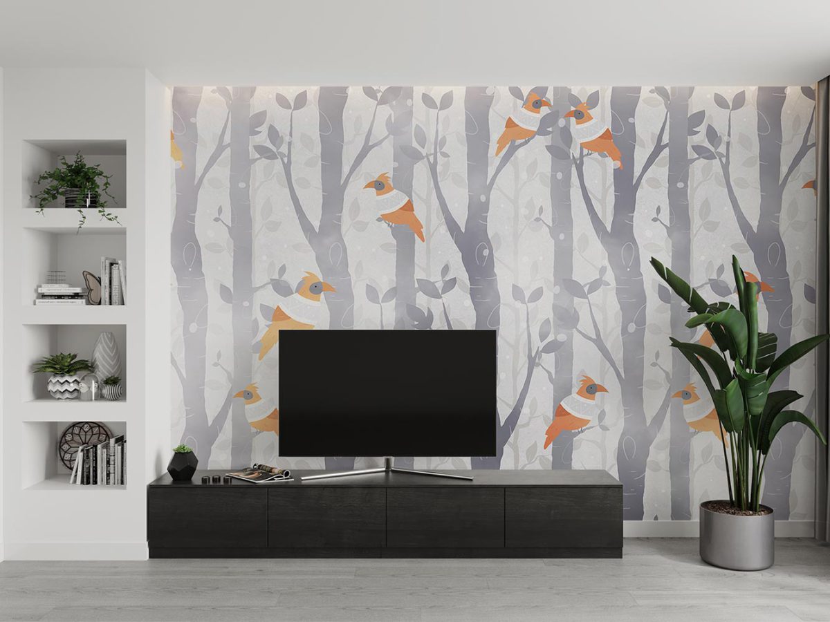 کاغذ دیواری پشت تلویزیون طرح درخت و پرنده W10184500