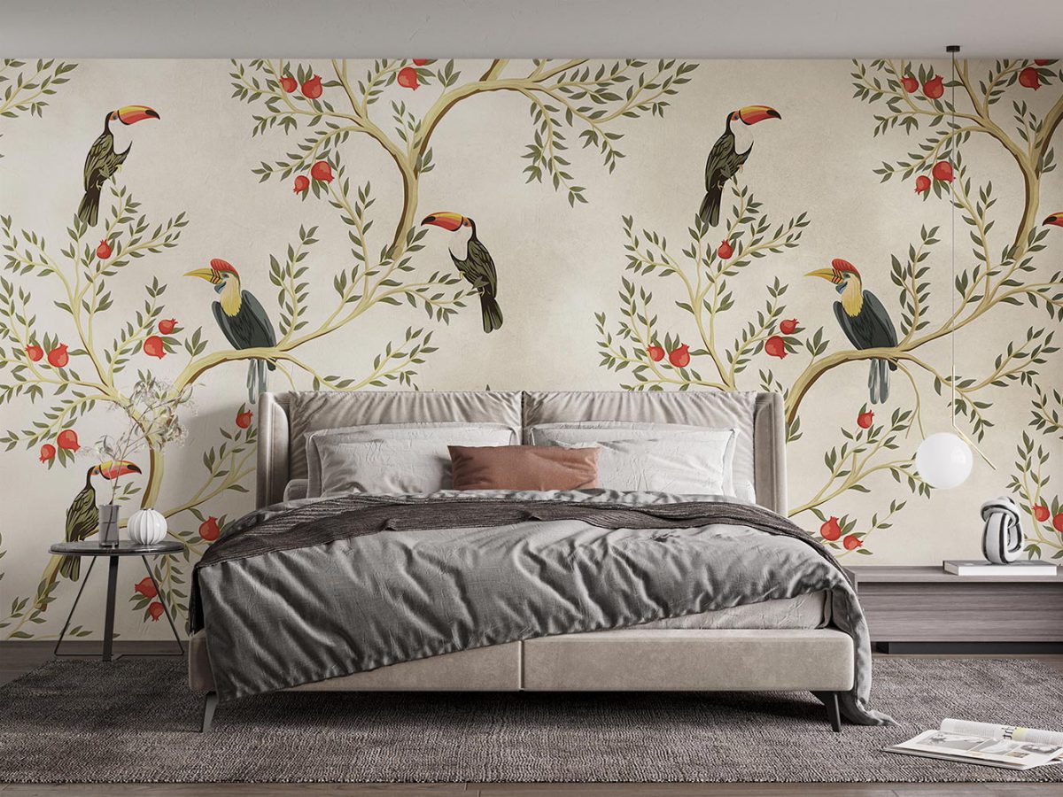 کاغذ دیواری اتاق خواب طرح برگ و پرنده W10187000