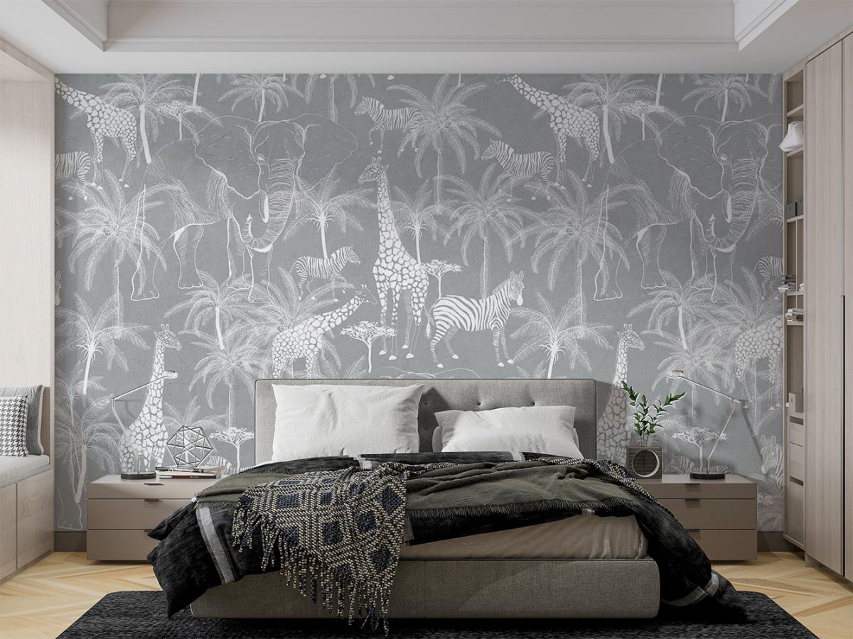کاغذ دیواری طوسی طرح حیوانات سافاری W10188000 برای اتاق خواب