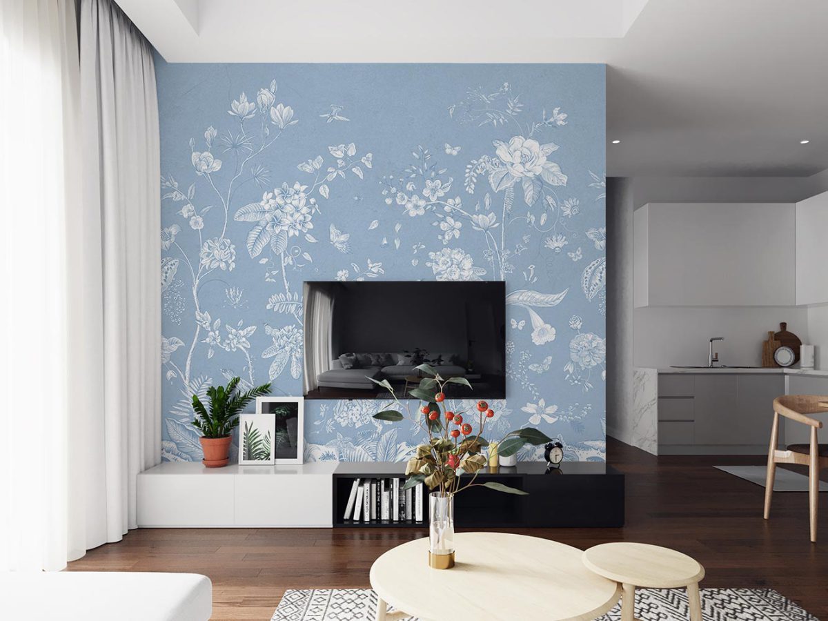 کاغذ دیواری آبی طرح گل و شاخه W10188900 برای پشت تلویزیون