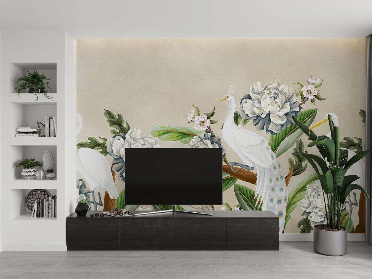 کاغذ دیواری گل و طاووس W10190600 برای پشت تلویزیون یا تیوی روم