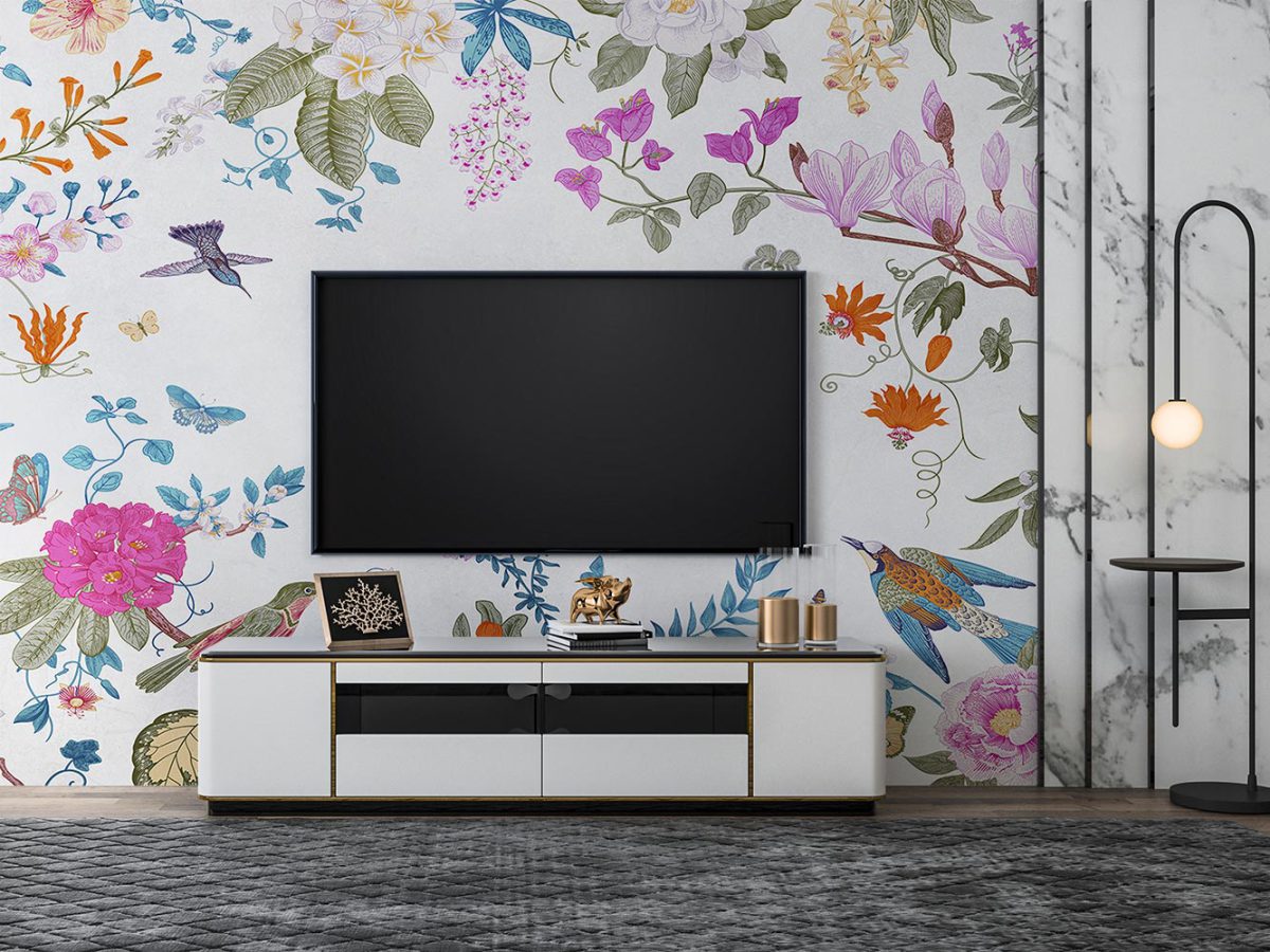 کاغذ دیواری پشت تلویزیون مدل گل گلی رنگارنگ شاد W10191000