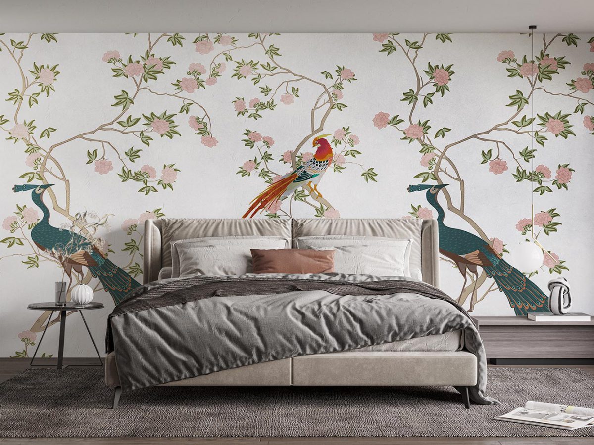 کاغذ دیواری اتاق خواب طرح طاووس و گل ریز W10191800