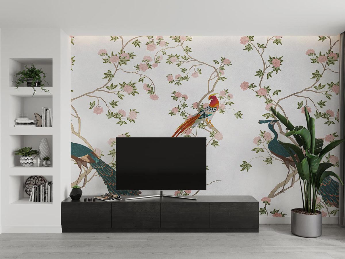 کاغذ دیواری پشت تلویزیون طاووس و گل ریز W10191800