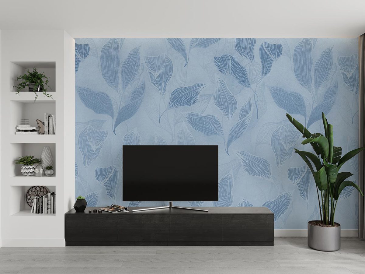 کاغذ دیواری آبی طرح مدل برگ W10199900 پشت تلویزیون