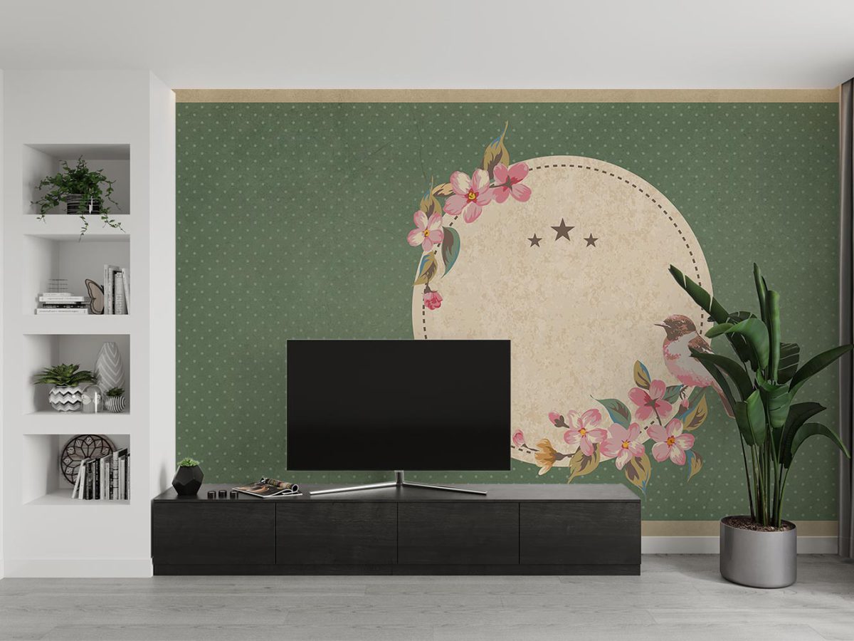 کاغذ دیواری پشت تلویزیون طرح گل و گنجشک W10215700
