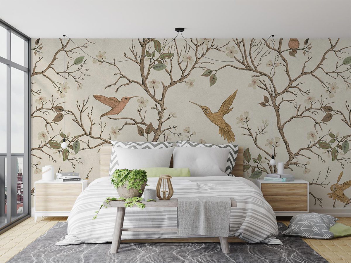 کاغذ دیواری اتاق خواب مدل شاخه برگ پرنده W10230700