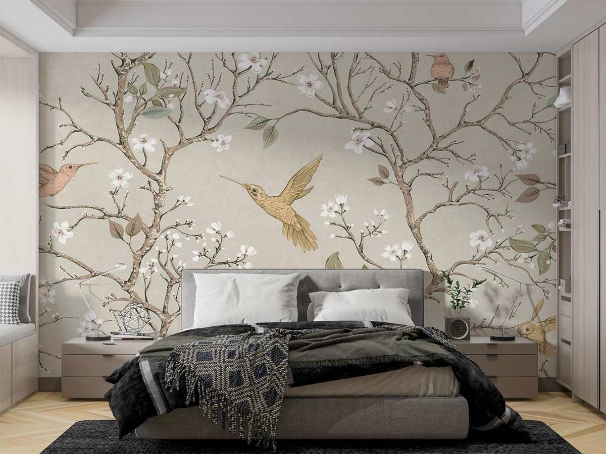 کاغذ دیواری اتاق خواب طرح شاخه برگ پرنده W10237600