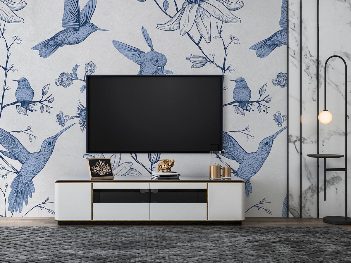 کاغذ دیواری پشت تلویزیون مدل گل و پرنده W10237700