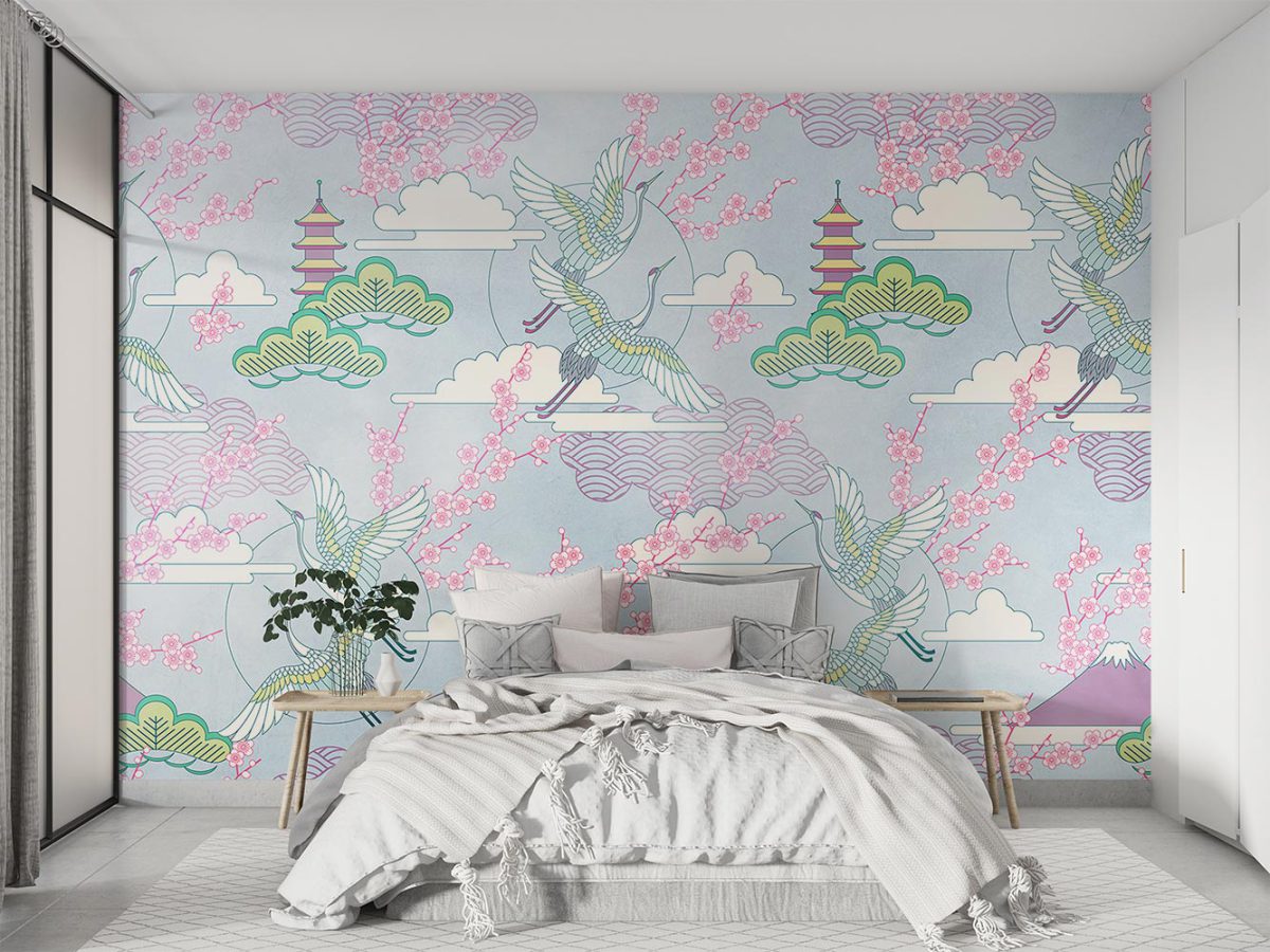 کاغذ دیواری اتاق خواب طرح شکوفه و پرنده W10262600
