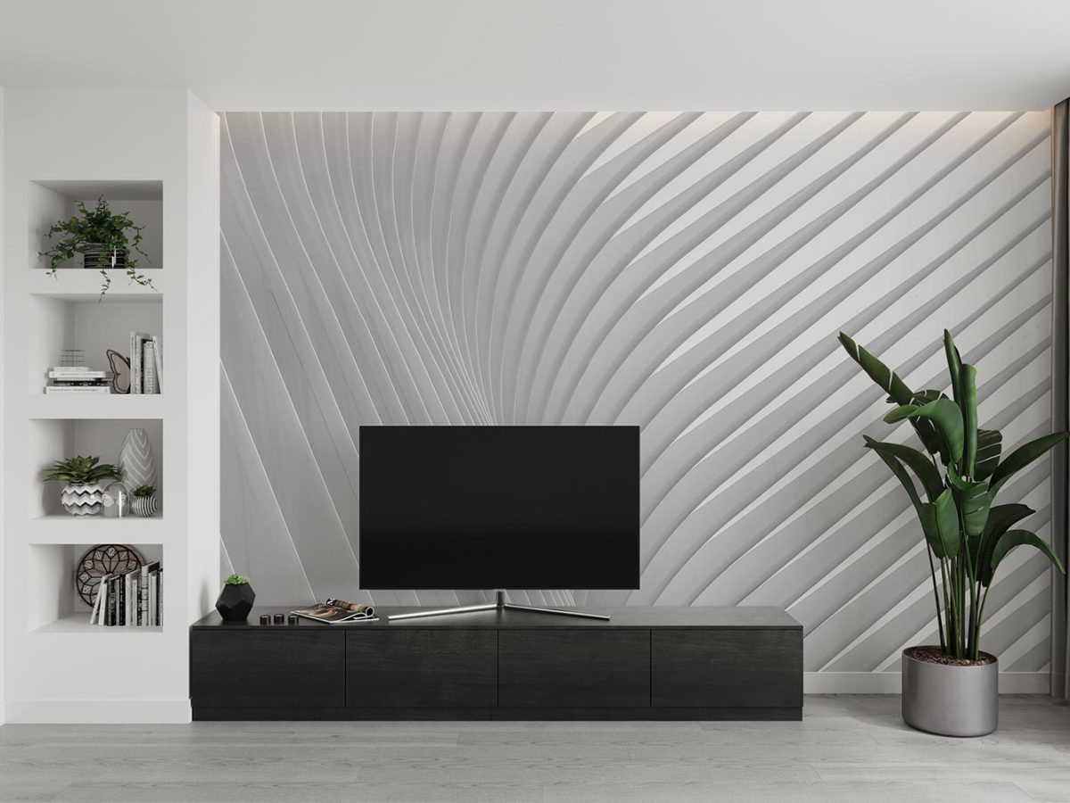 کاغذ دیواری سفید پشت تلویزیون طرح مدل هندسی مدرن W10277600