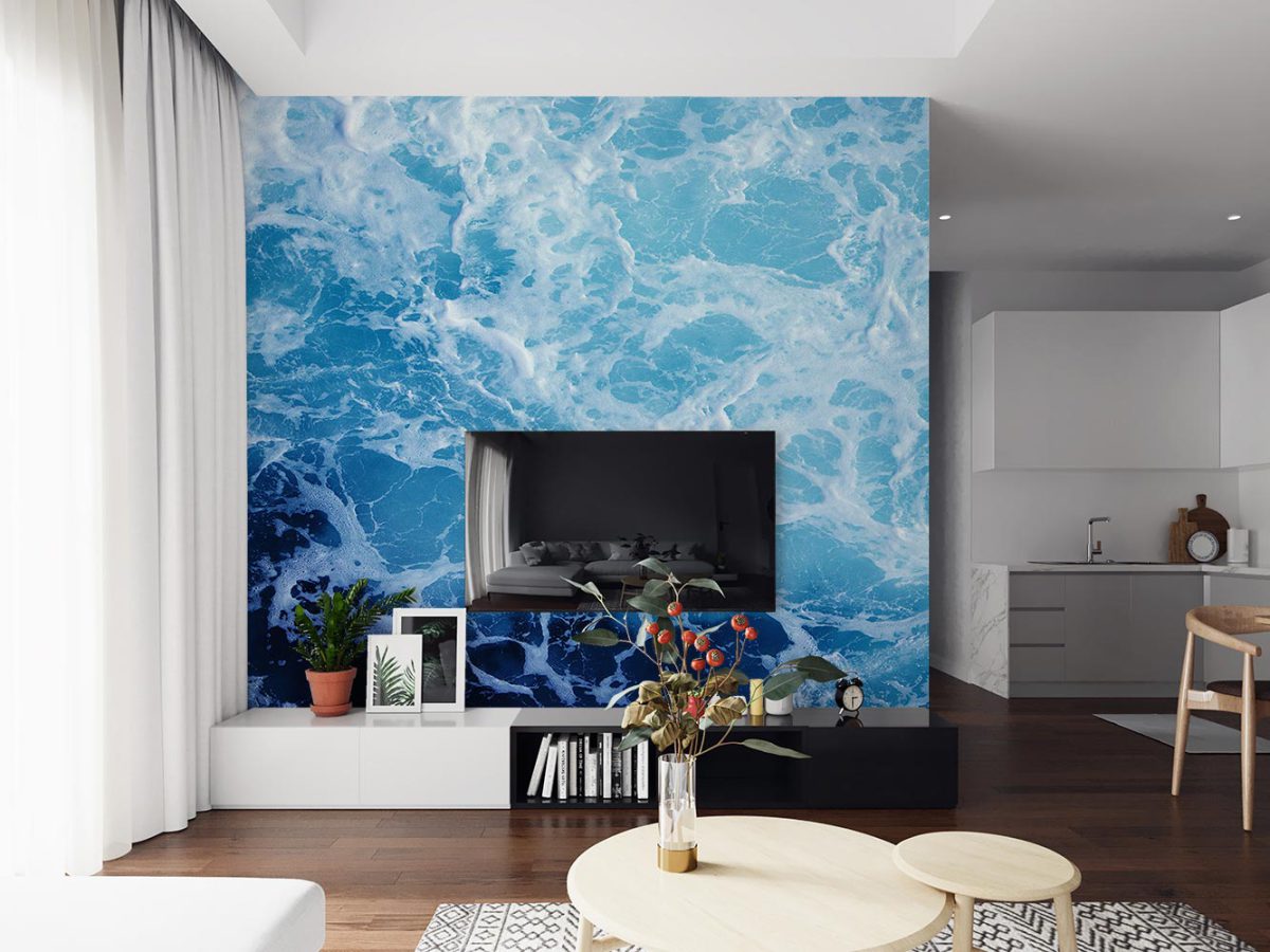 پوستر کاغذ دیواری پشت تلویزیون طرح مدل موج دریا آبی W10277800