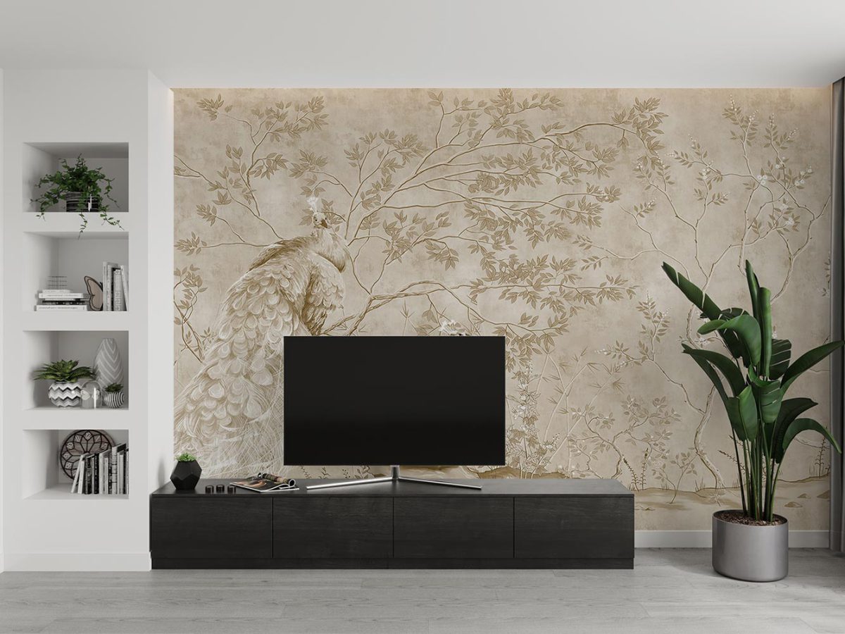 کاغذ دیواری پشت تلویزیون مدل شاخه برگ پرنده W10294800