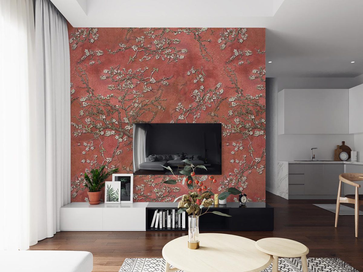 کاغذ دیواری پشت تلویزیون مدل شاخه گل شکوفه W13420700