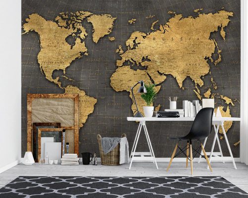 کاغذ دیواری دفتر وکالت طرح نقشه جهان طلایی W13424200