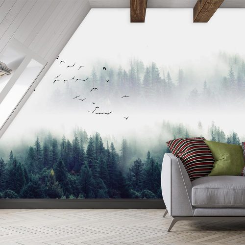 پوستر دیواری جنگل مه آلود و پرندگان W10010500